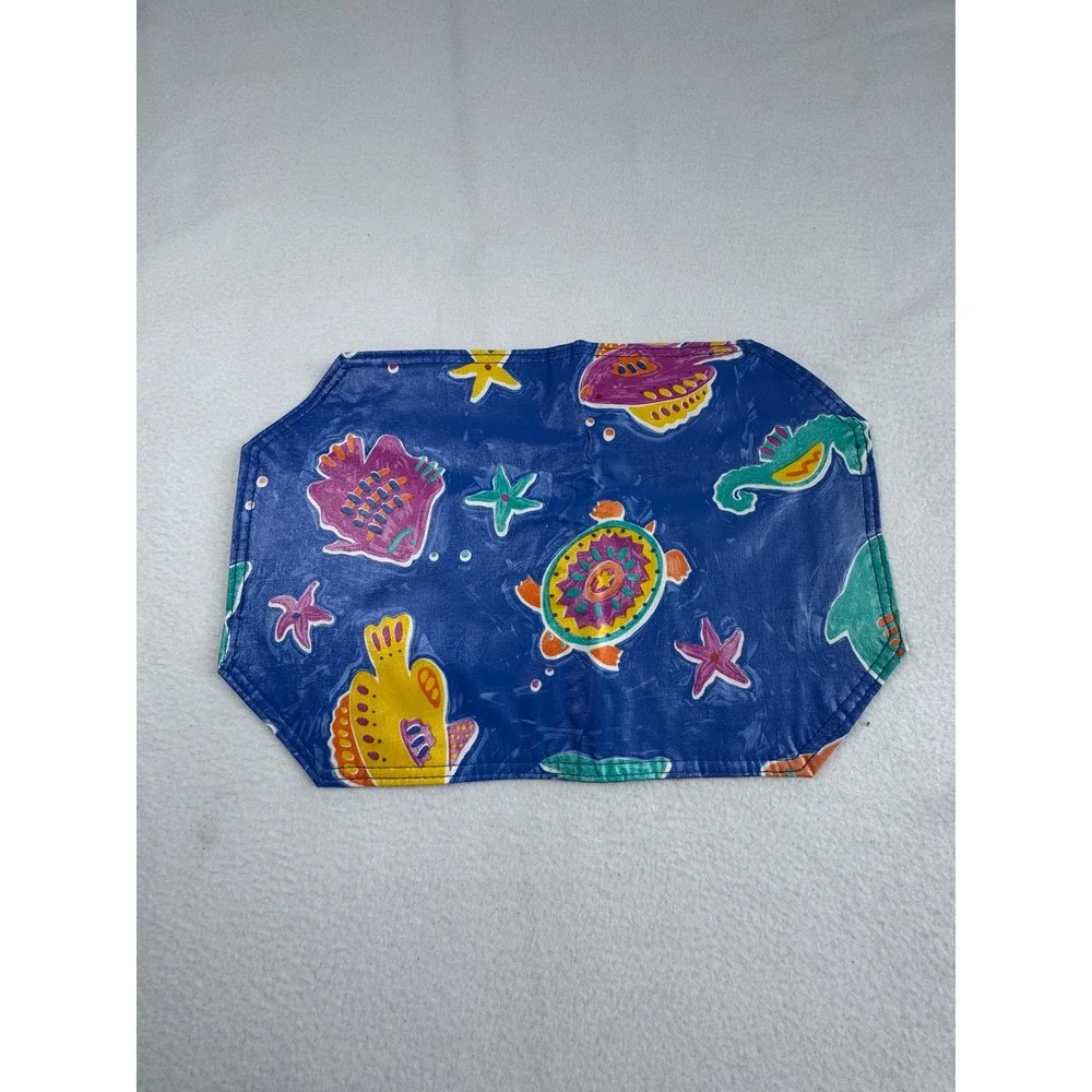 Coastal Sea Life Placemat Set Blue Ocean Fish Sea Turtle Wipeable Vinyl 4pc